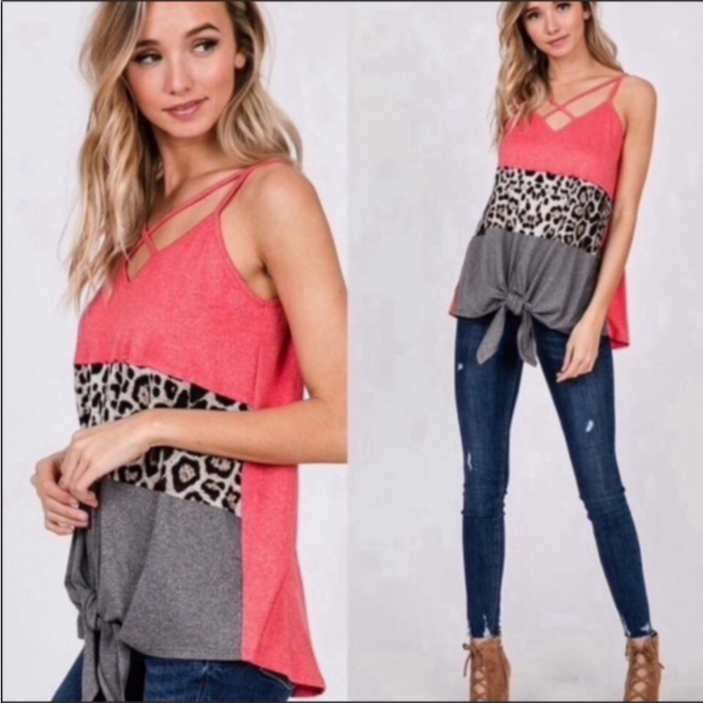 #13 🌟 1 Left! Coral Gray & Leopard Criss Cross V- neck Top - Picture 2 of 6